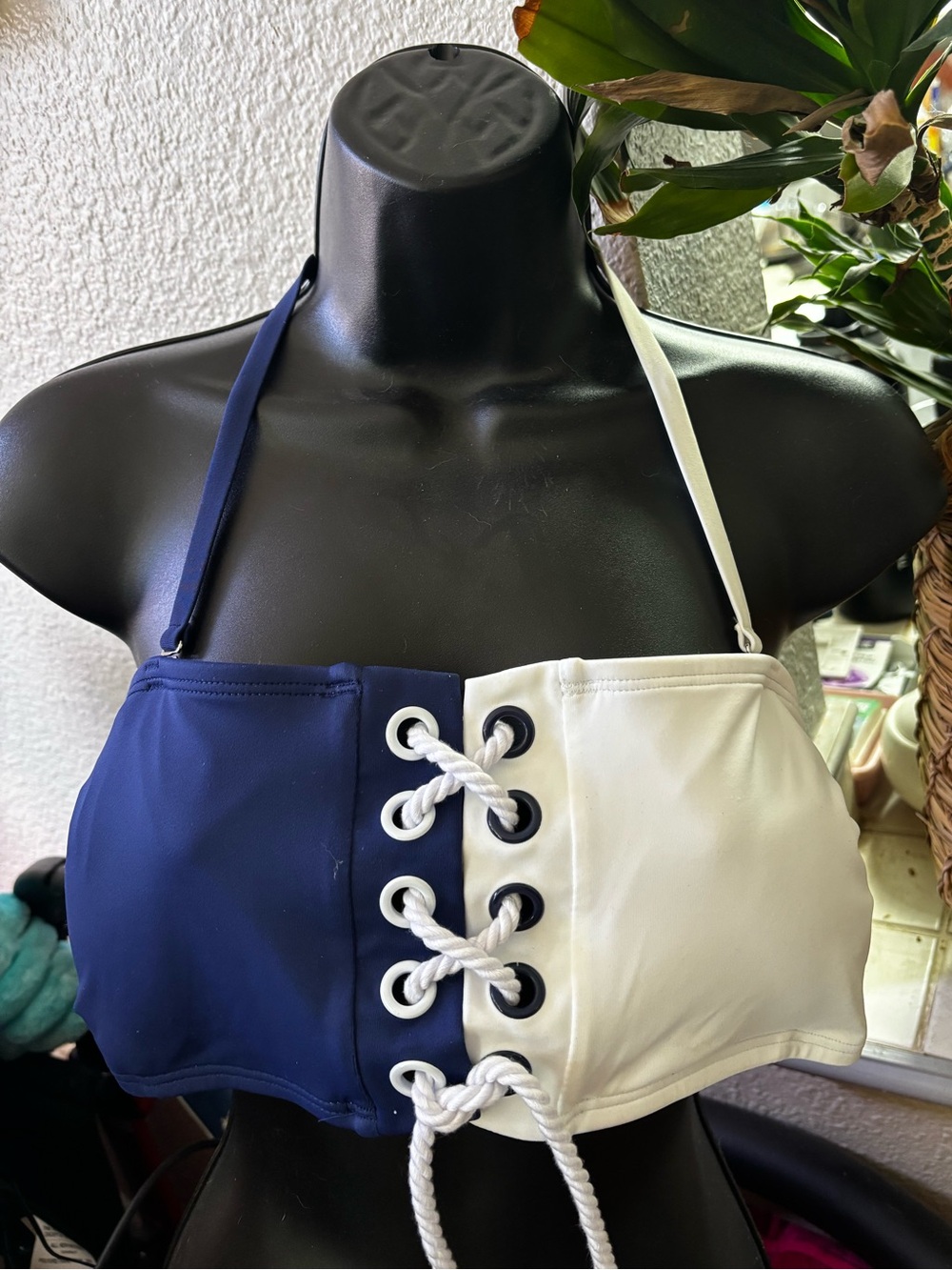 VENUS Blue & White Retro Swim Top NIB